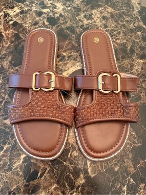 Women’s Brown Woven Double Strap Buckle Slide Sandals EU 39 US 8 Open Toe Casual